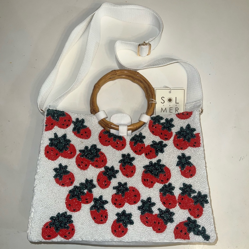 NWT Beaded Strawberry Handbag – Bamboo Handle & Crossbody Strap